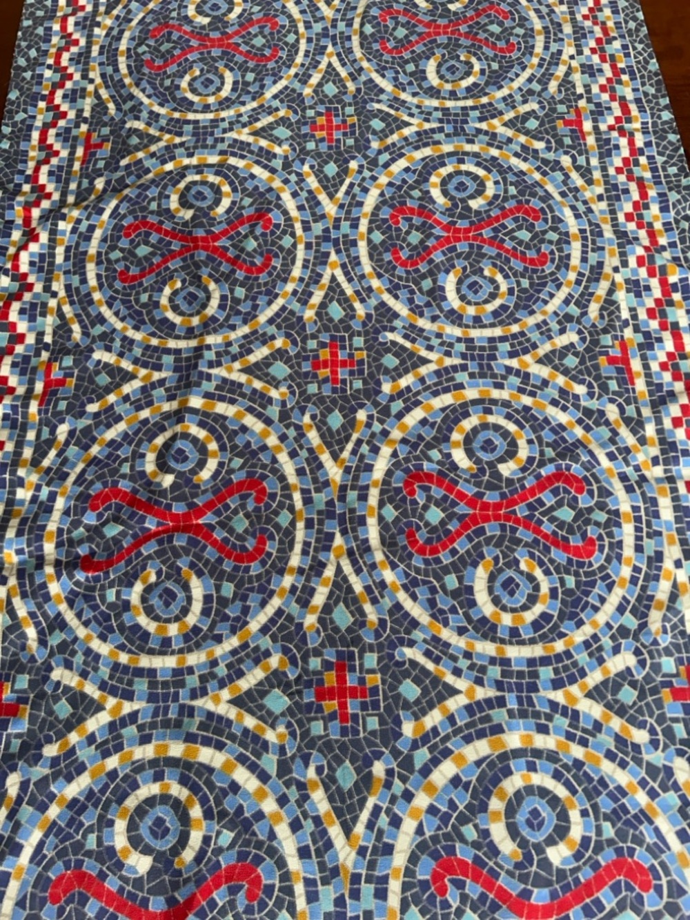 Stylish Mosaic-Print Scarf & Wrap in Navy, Red, Yellow pure silk museum of art